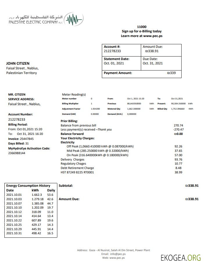 Palestine Electric Company (PEC) utility bill template in Word and PDF format